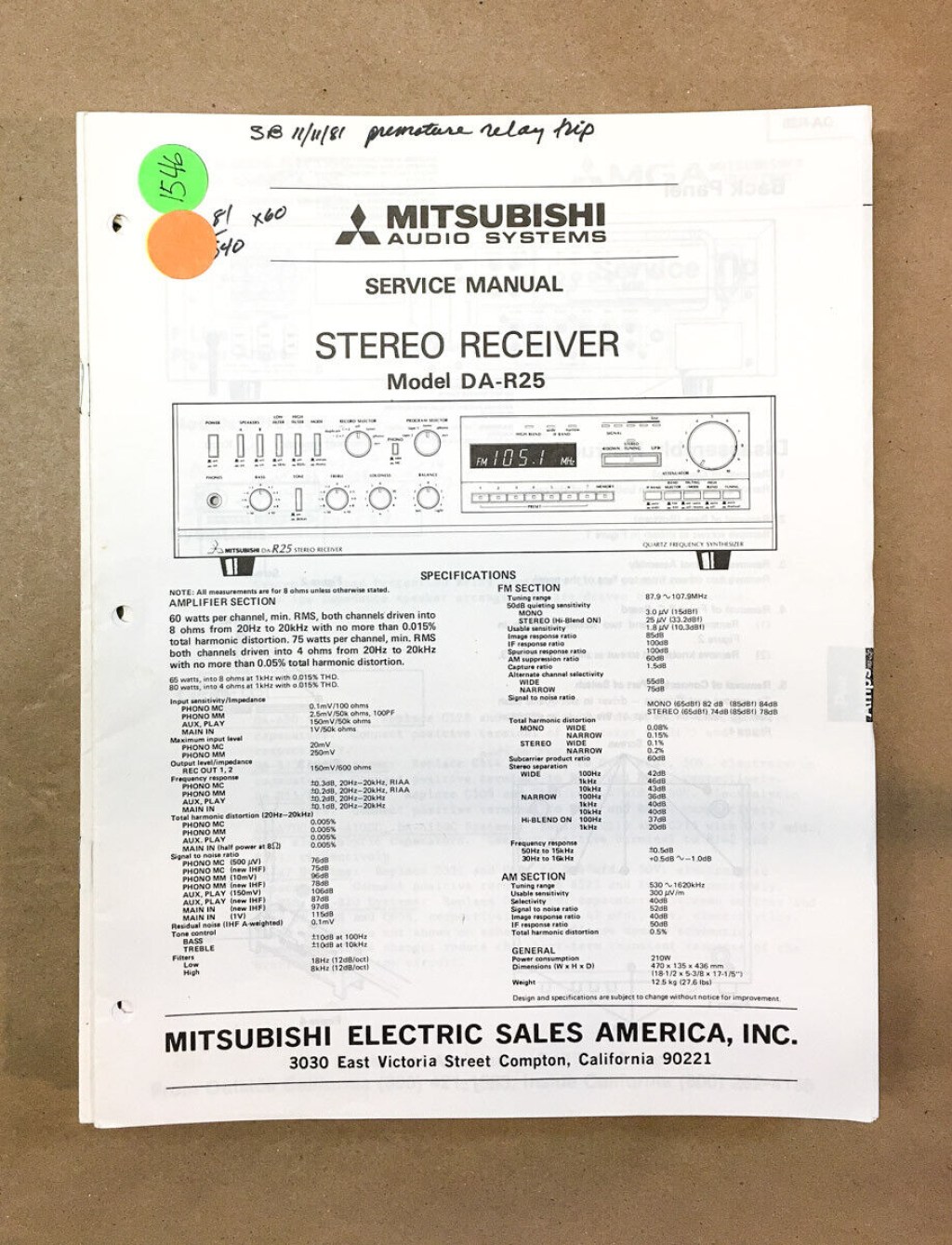 Picture of: Mitsubishi DA-R Receiver Service Manual *Original*