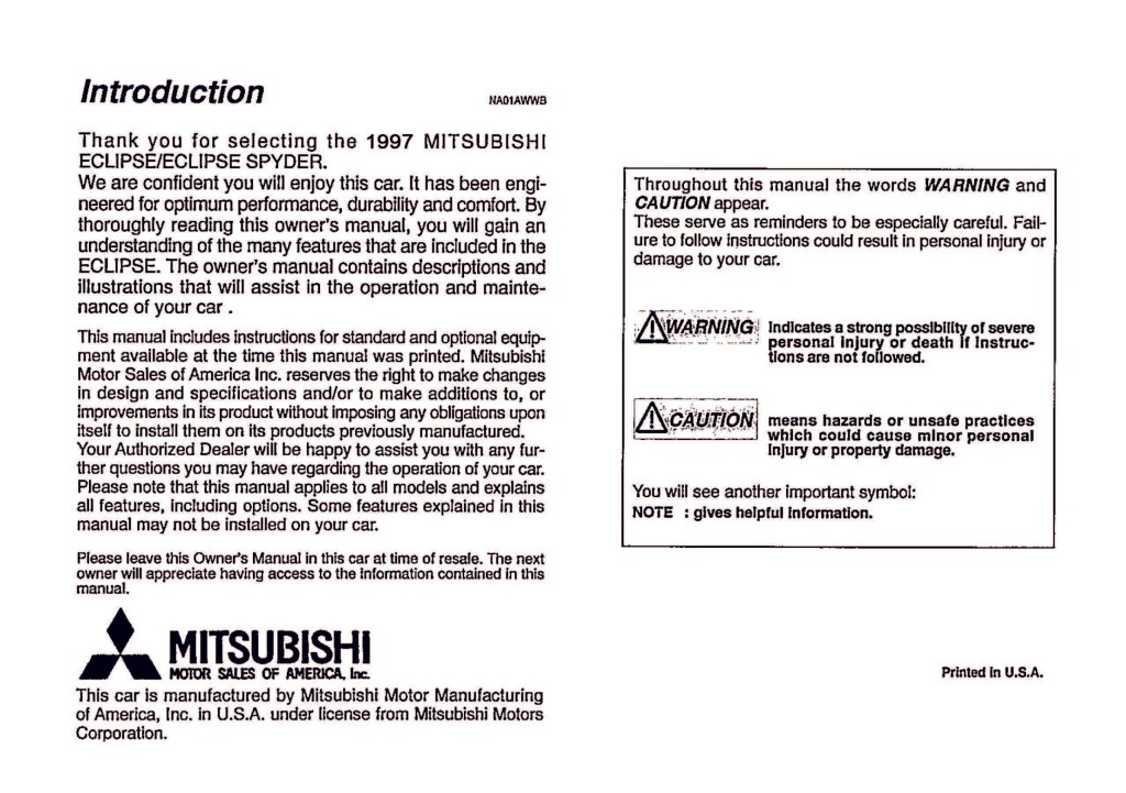Picture of: Mitsubishi Eclipse Owner’s Manual  English