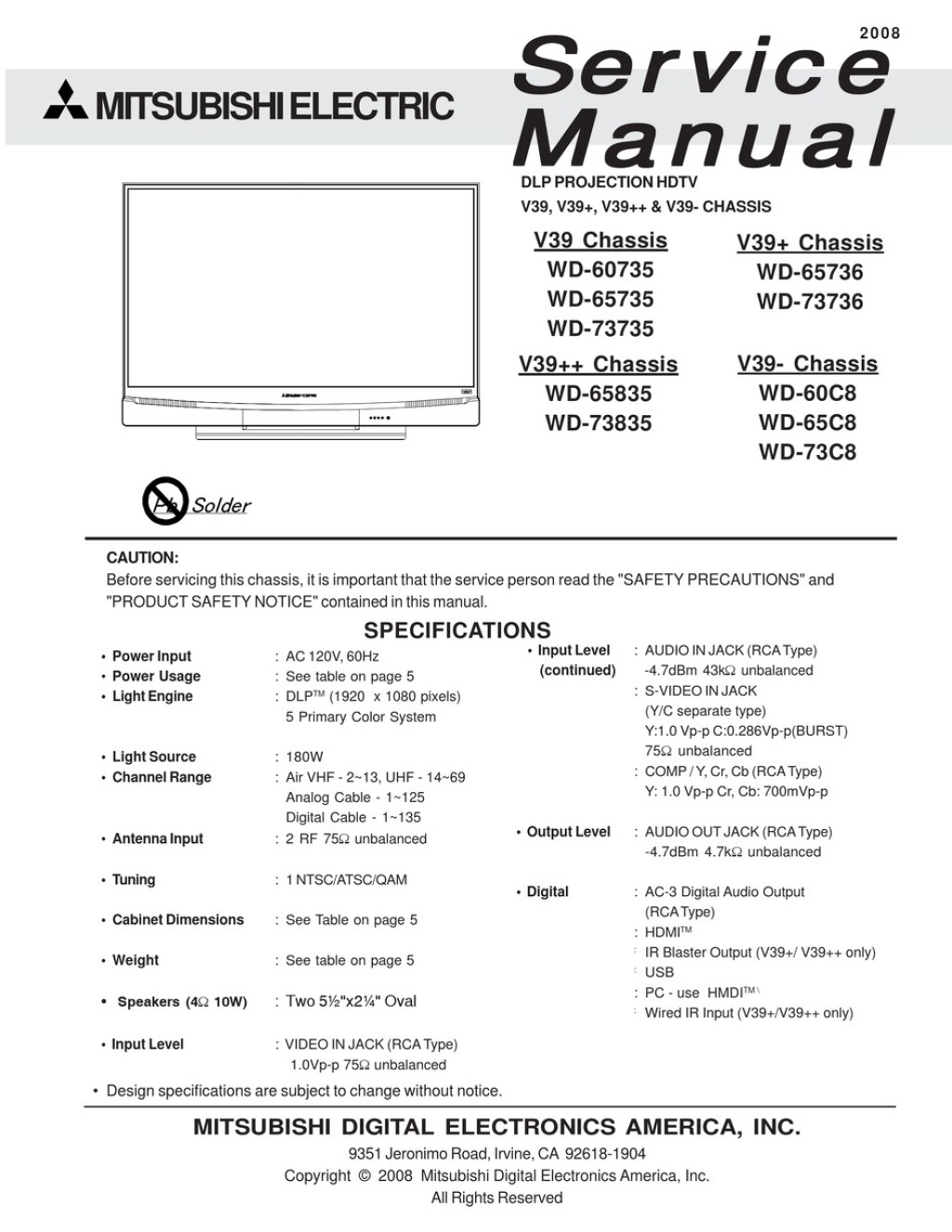 mitsubishi 65 dlp owners manual - MITSUBISHI ELECTRIC WD- SERVICE MANUAL Pdf Download  ManualsLib