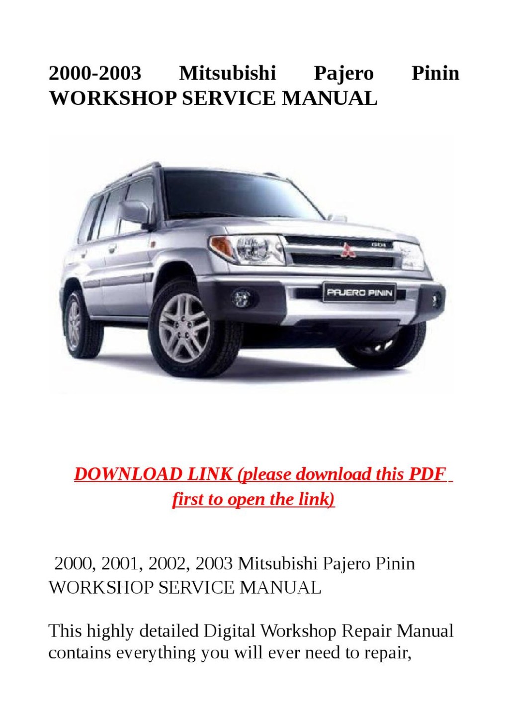 Picture of: mitsubishi pajero pinin workshop service manual by Jacky