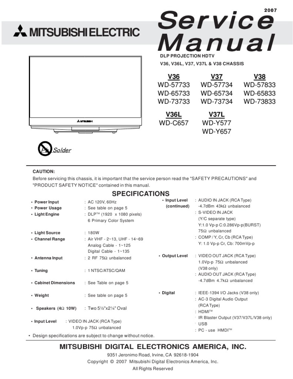 Picture of: Mitsubishi Service Manual For DLP Projection HDTV Model WD-