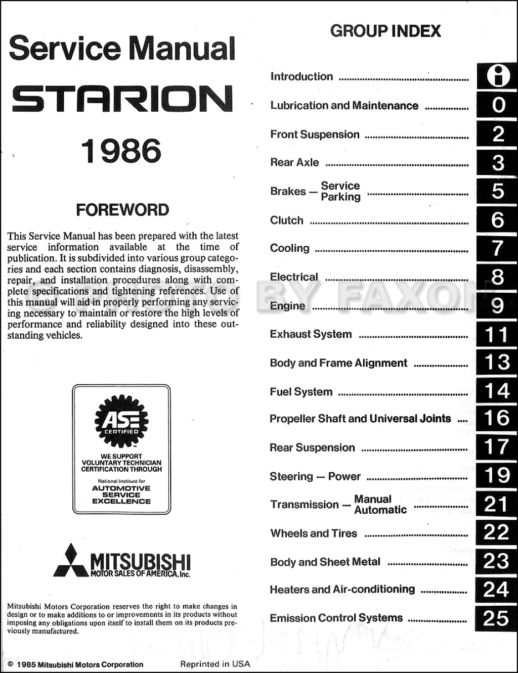 Picture of: Mitsubishi Starion Repair Shop Manual Original